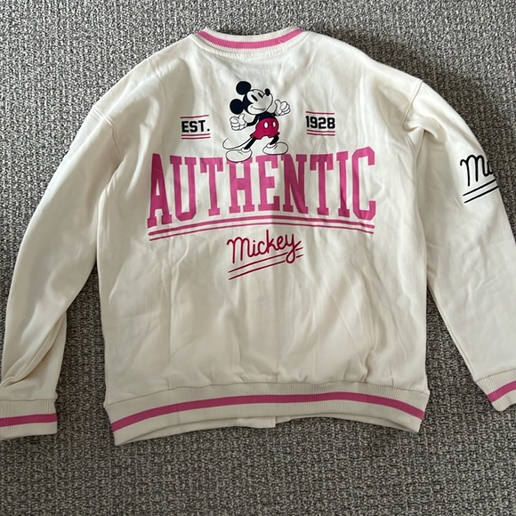 Classic Disney Embroidered Mickey Mouse Bomber Varsity Jacket Top Cream Pink - Picture 8 of 12